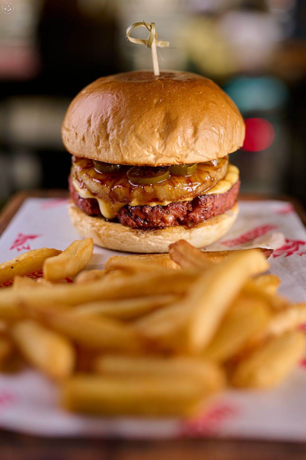 The Rooster's Hawaiian Zrou Burger Has Spicy Tropics Vibes