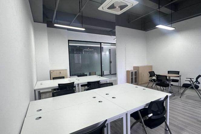 Office Space with Big Window & Logo Wall: Open Area, Boss's Office, Conference Room