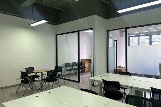 Office Space with Big Window & Logo Wall: Open Area, Boss's Office, Conference Room