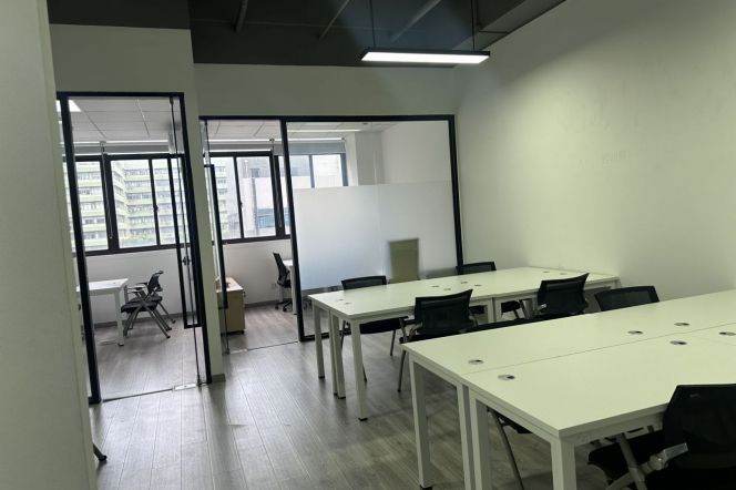 Office Space with Big Window & Logo Wall: Open Area, Boss's Office, Conference Room