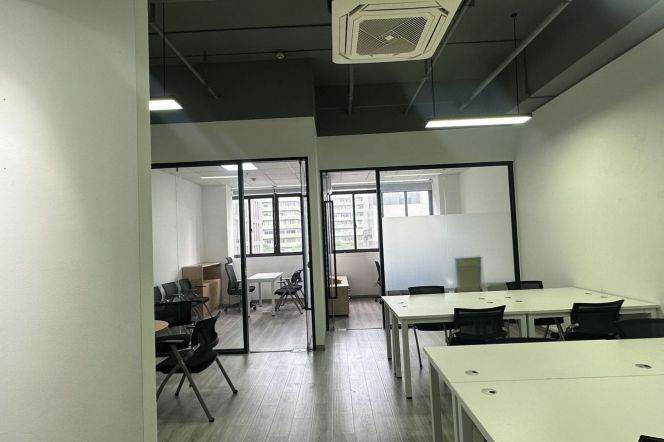 Office Space with Big Window & Logo Wall: Open Area, Boss's Office, Conference Room