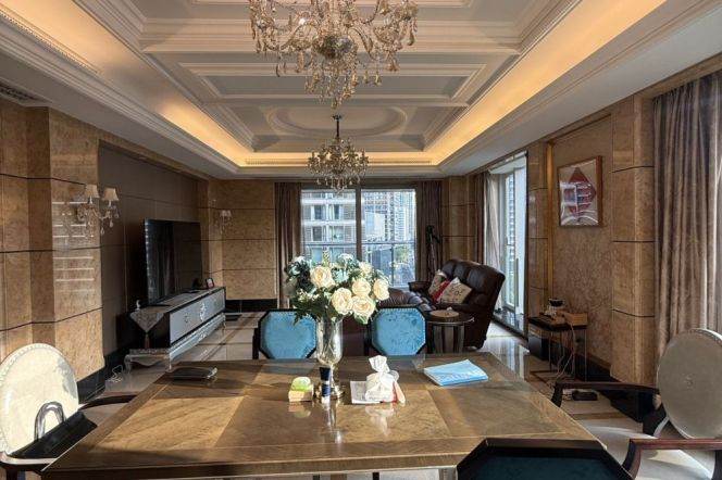 The Bund of Huangpu River, a large 3-bers apartment, with greenery visible from the windows.