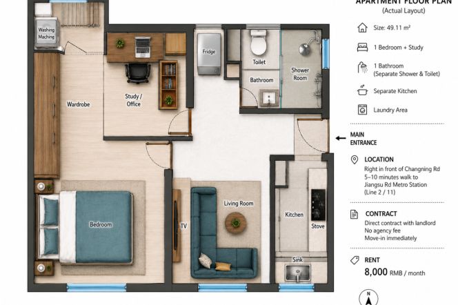 1BR Apartment near Zhongshan Park (L2/L11)